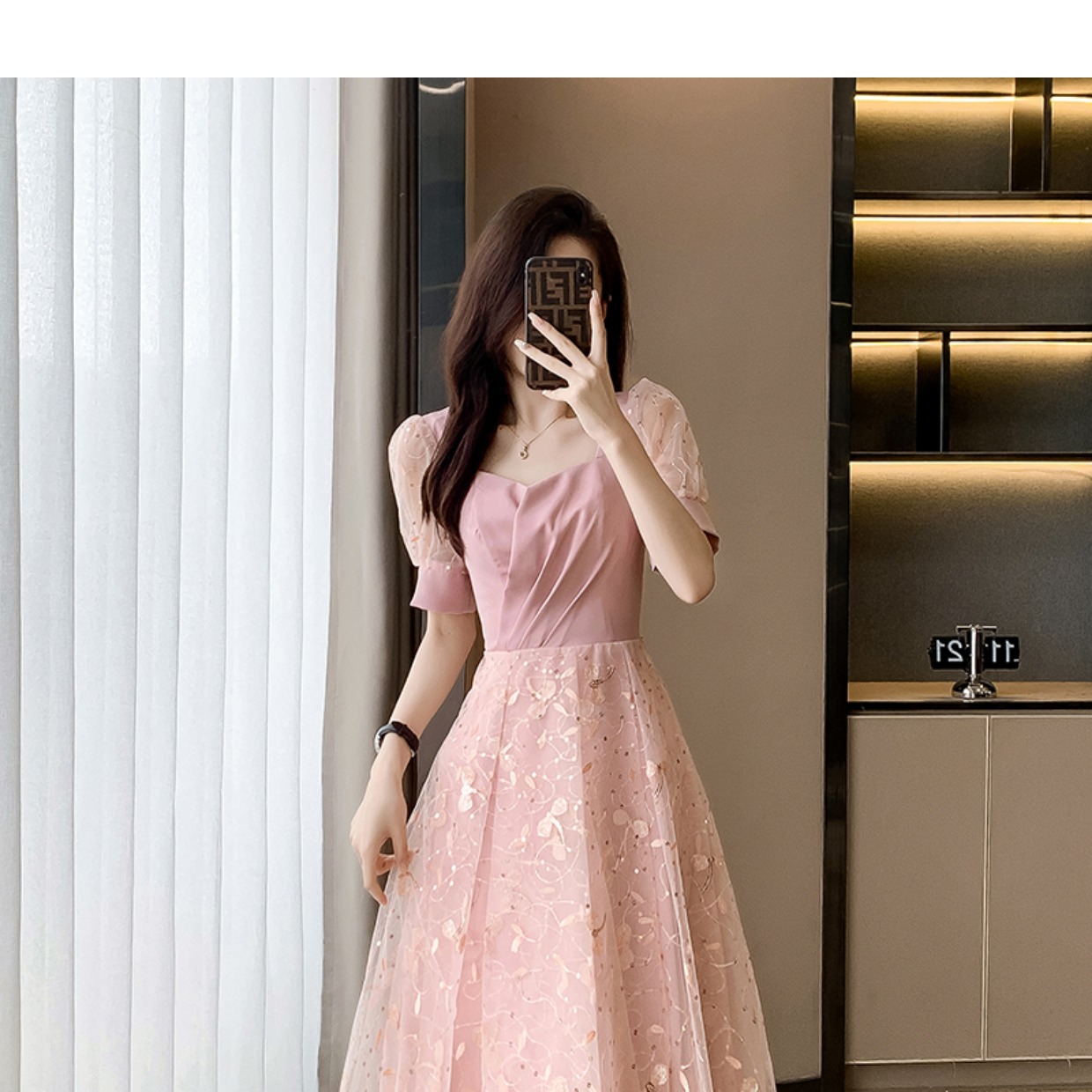 オケージョン ドレス パフスリーブ花柄刺繍チュール切替ワンピース