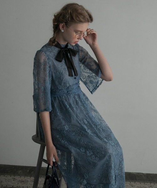 オケージョン ドレス 襟元リボン付き総レース七分袖ワンピース