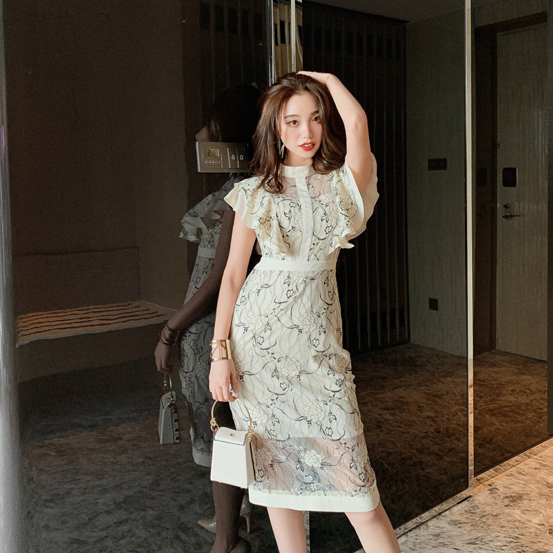 オケージョン ドレス フリル袖刺繍レースタイトワンピース