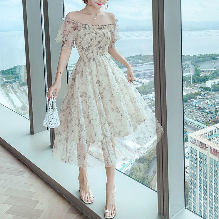 オケージョン ドレス 花柄シフォン パーティーワンピース 結婚式 フレア 半袖