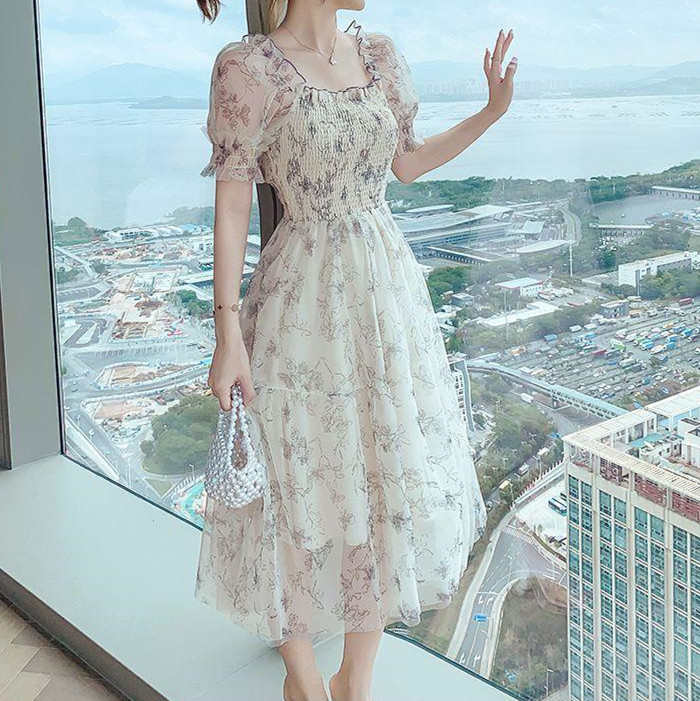 オケージョン ドレス 花柄シフォン パーティーワンピース 結婚式 フレア 半袖