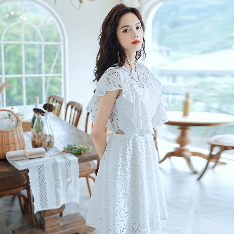 オケージョン ドレス 透かし編みレース半袖ミディ丈ワンピース