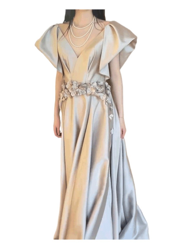 オケージョン ドレス 立体フラワーベルト付きフリル袖ブイネックロングドレス