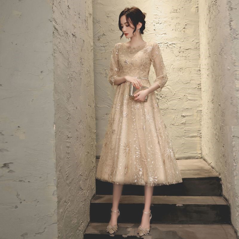 オケージョン ドレス 星空刺繍チュール五分袖ミディ丈ドレス