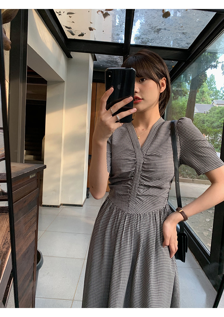 オケージョン ドレス 千鳥格子パフスリーブウエストシャーリングワンピース