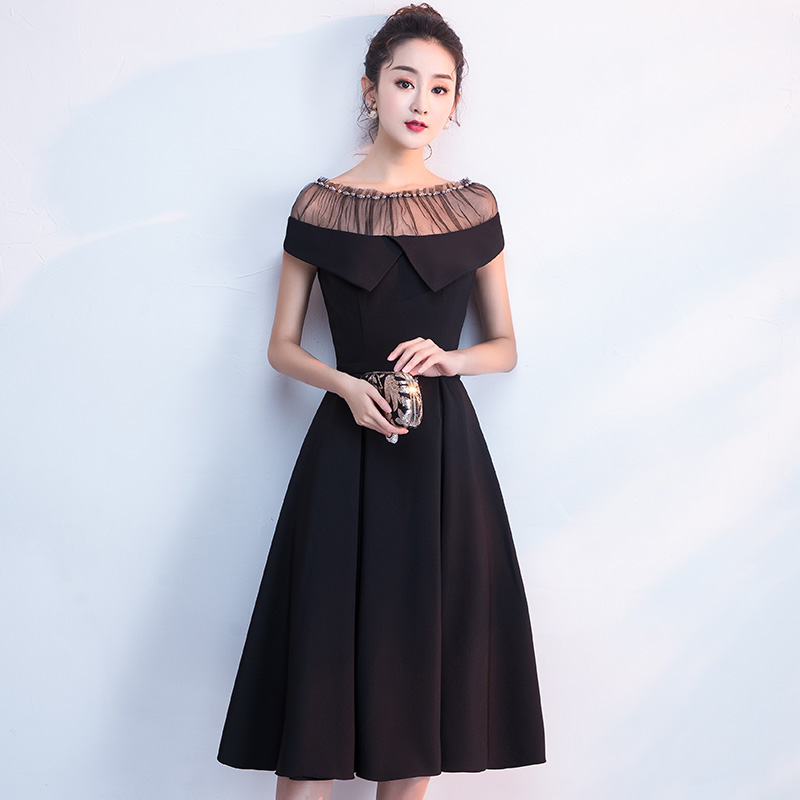 オケージョン ドレス チュールネック大人リボン襟フレアワンピース