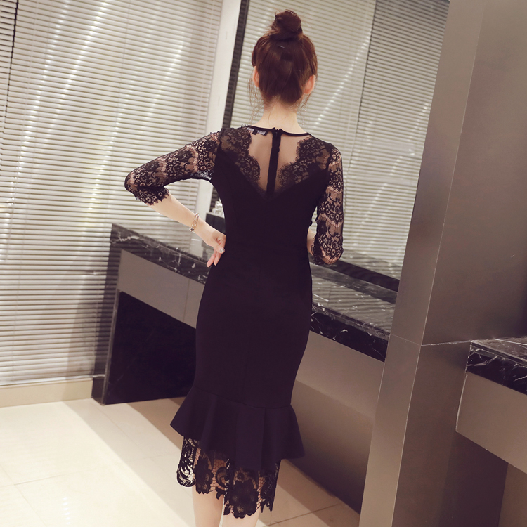 オケージョン ドレス 総レース袖エレガント裾広がりマーメイドドレス