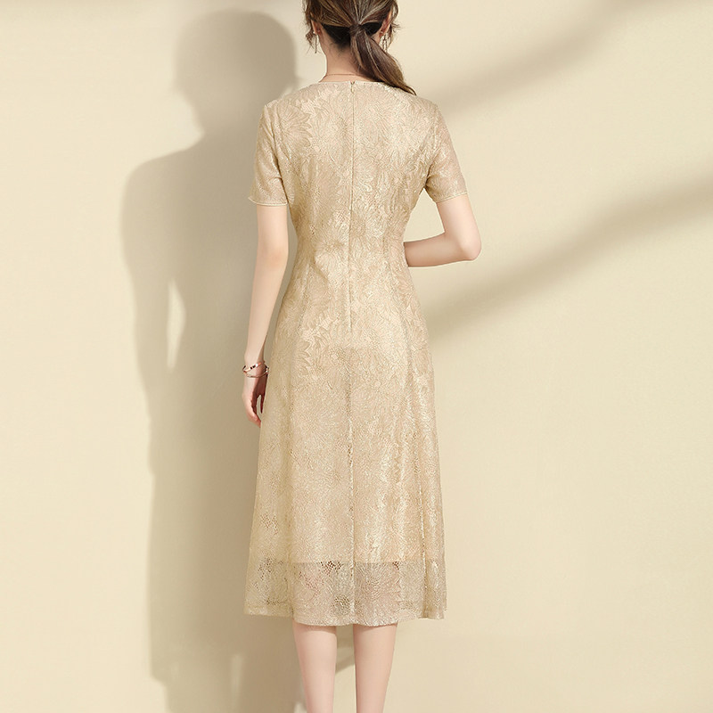 オケージョン ドレス 総レース半袖ミディ丈上品ワンピース
