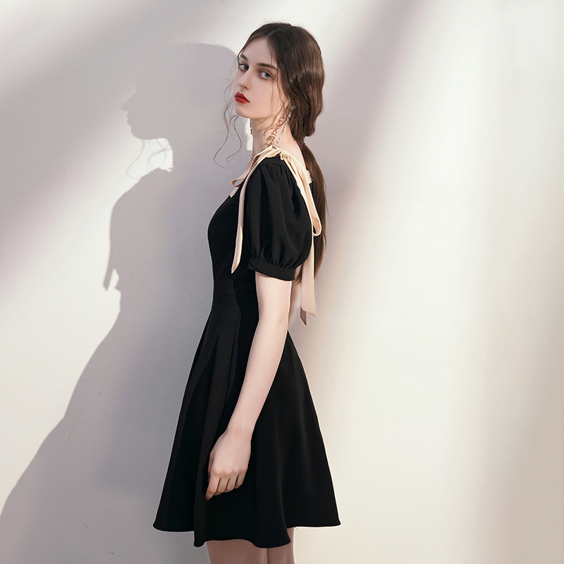 オケージョン ドレス 配色リボン付きパフスリーブフレアワンピース