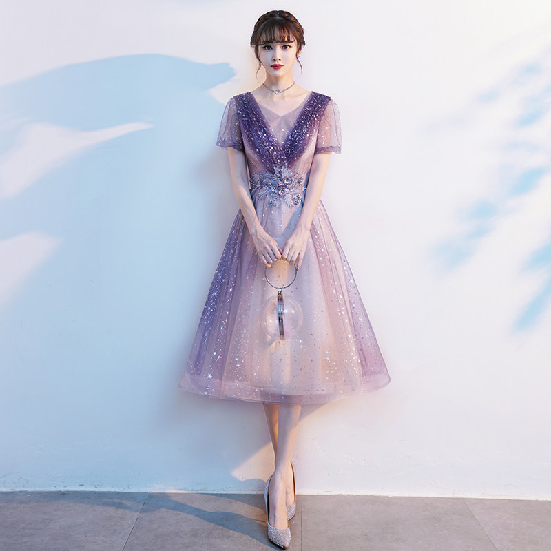 オケージョン ドレス 星空きらめく深Vネックチュールミディ丈ドレス