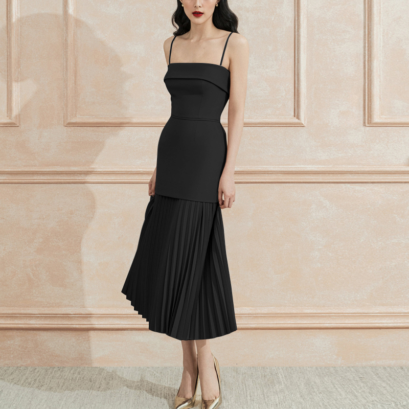 オケージョン ドレス 細肩紐プリーツ切替ミディ丈キャミワンピース