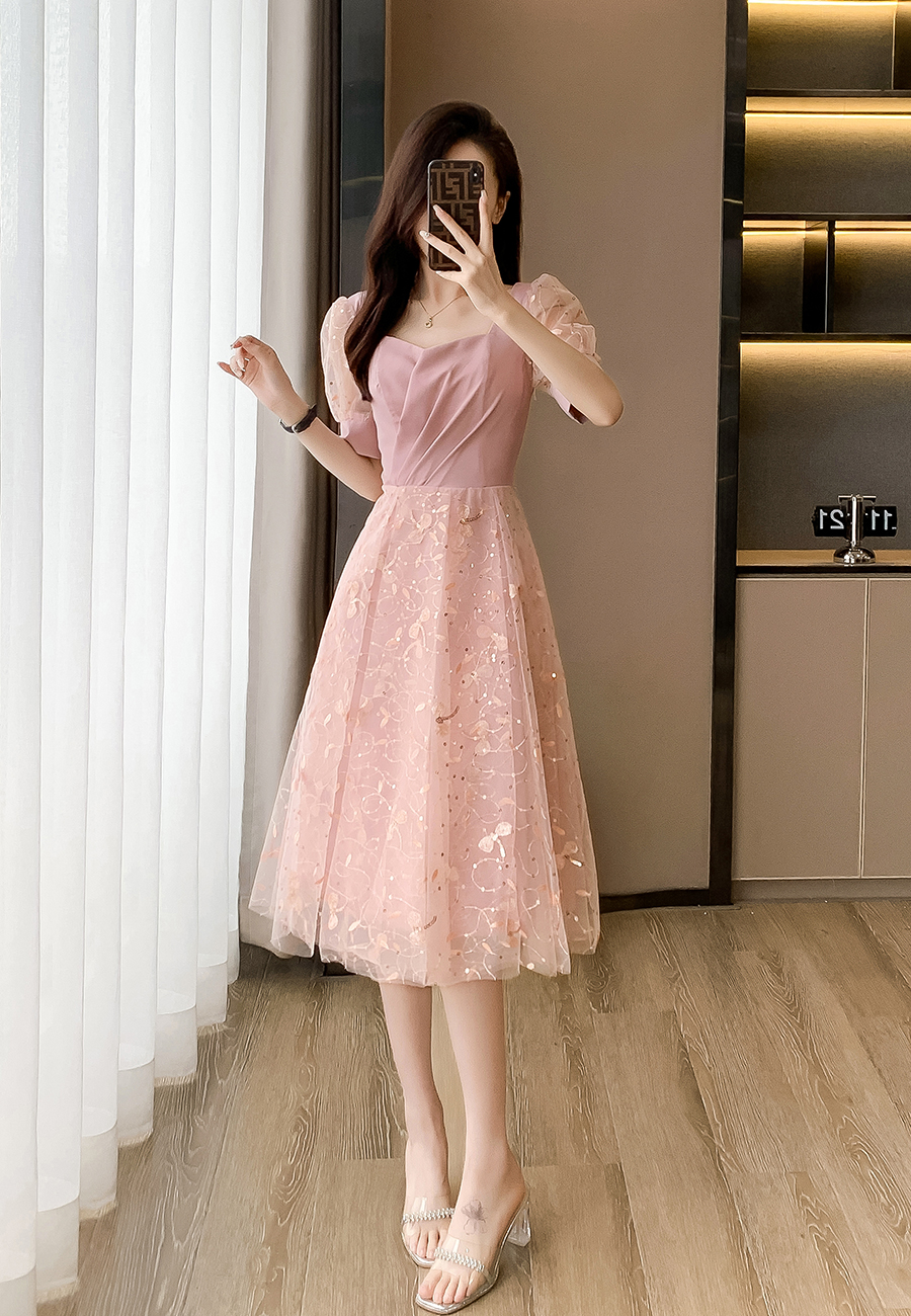 オケージョン ドレス パフスリーブ花柄刺繍チュール切替ワンピース