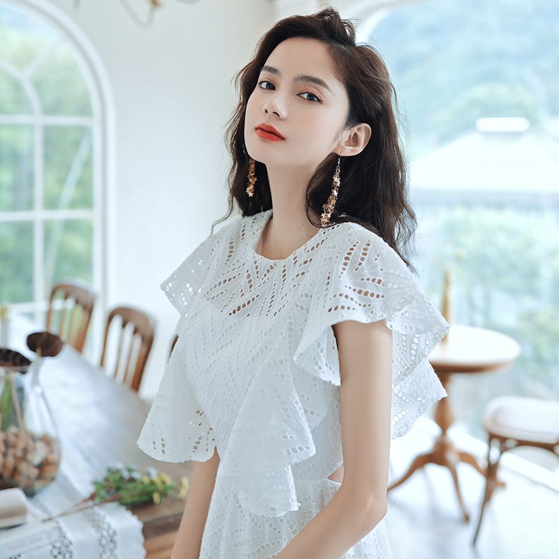 オケージョン ドレス 透かし編みレース半袖ミディ丈ワンピース