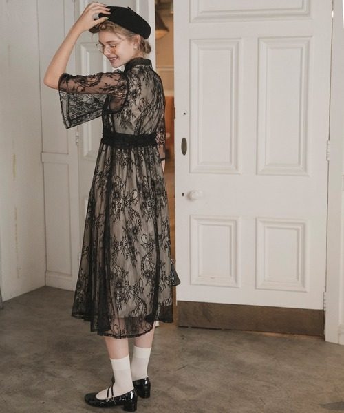 オケージョン ドレス 襟元リボン付き総レース七分袖ワンピース