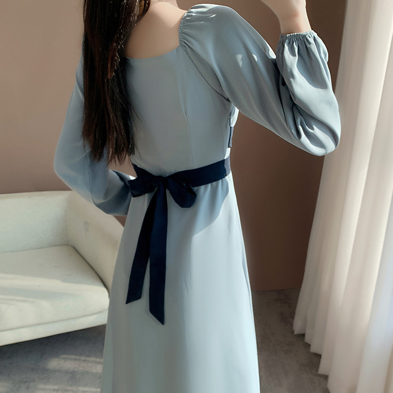 オケージョン ドレス 配色ベルト付きスクエアネック長袖ワンピース