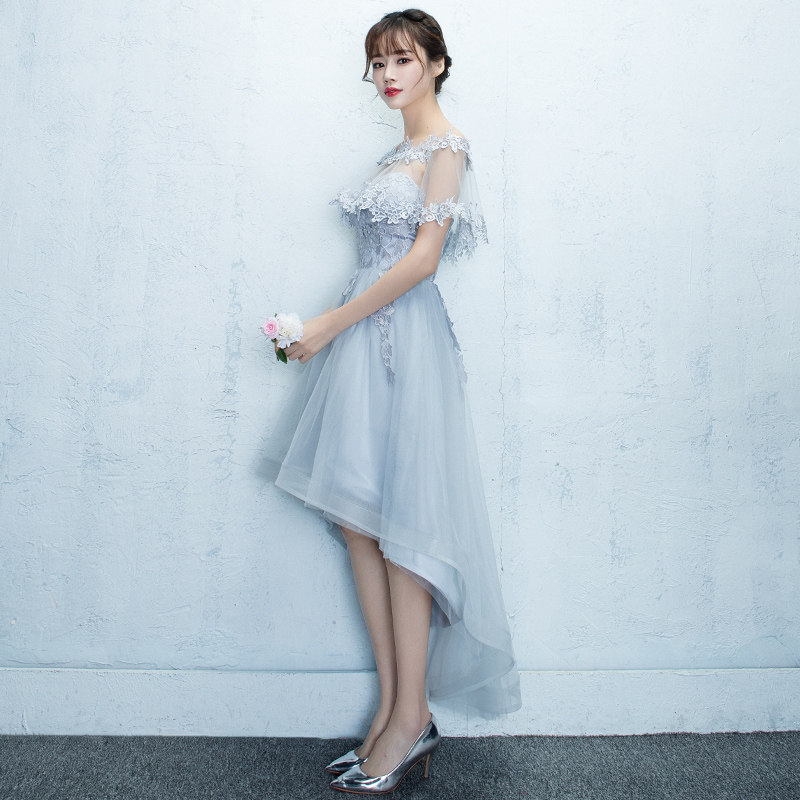 オケージョン ドレス 花柄刺繍レース前短後長裾チュールドレス