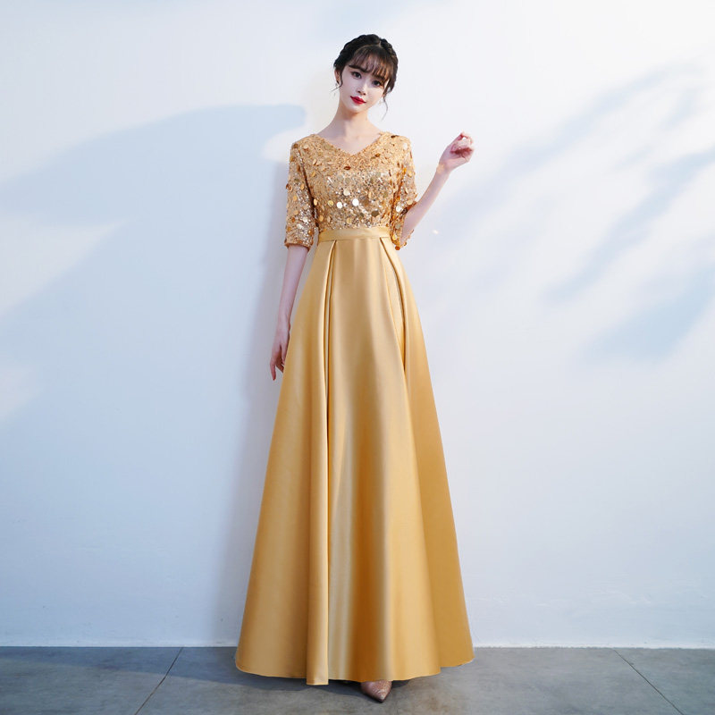 オケージョン ドレス スパンコール刺繍五分袖フレアロング丈ワンピース