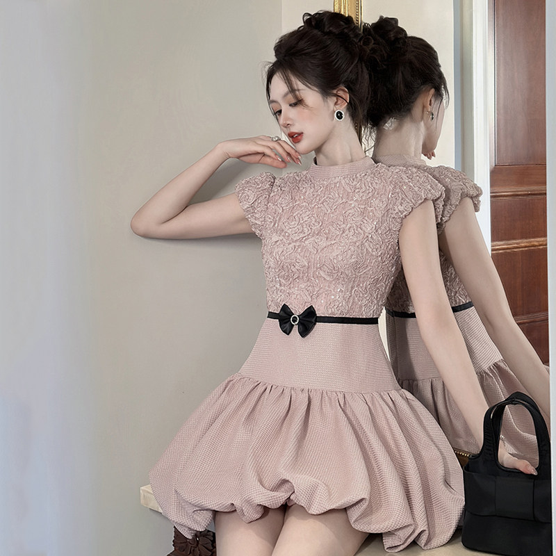 オケージョン ドレス フラワーレース切替バルーンスカートワンピース