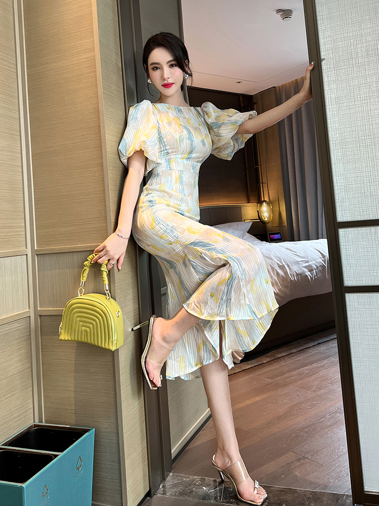 オケージョン ドレス 水彩画風パフスリーブロングワンピース