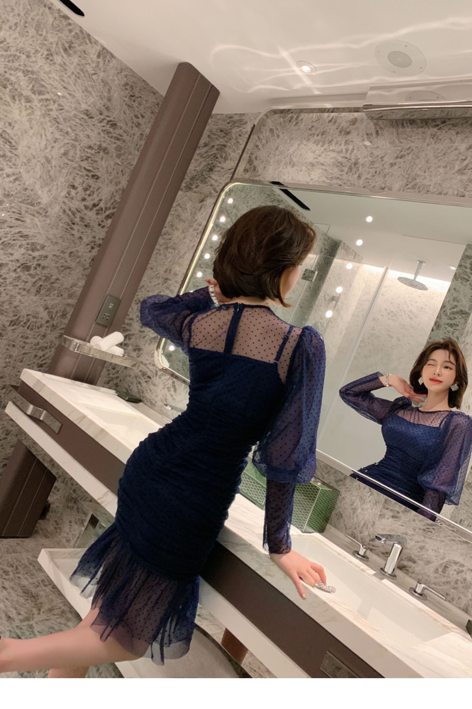 オケージョン ドレス ドット柄チュール袖マーメイドラインドレス