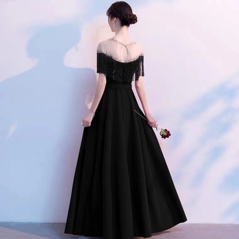 オケージョン ドレス ビーズ刺繍フリンジ肩透けオフショルダードレス