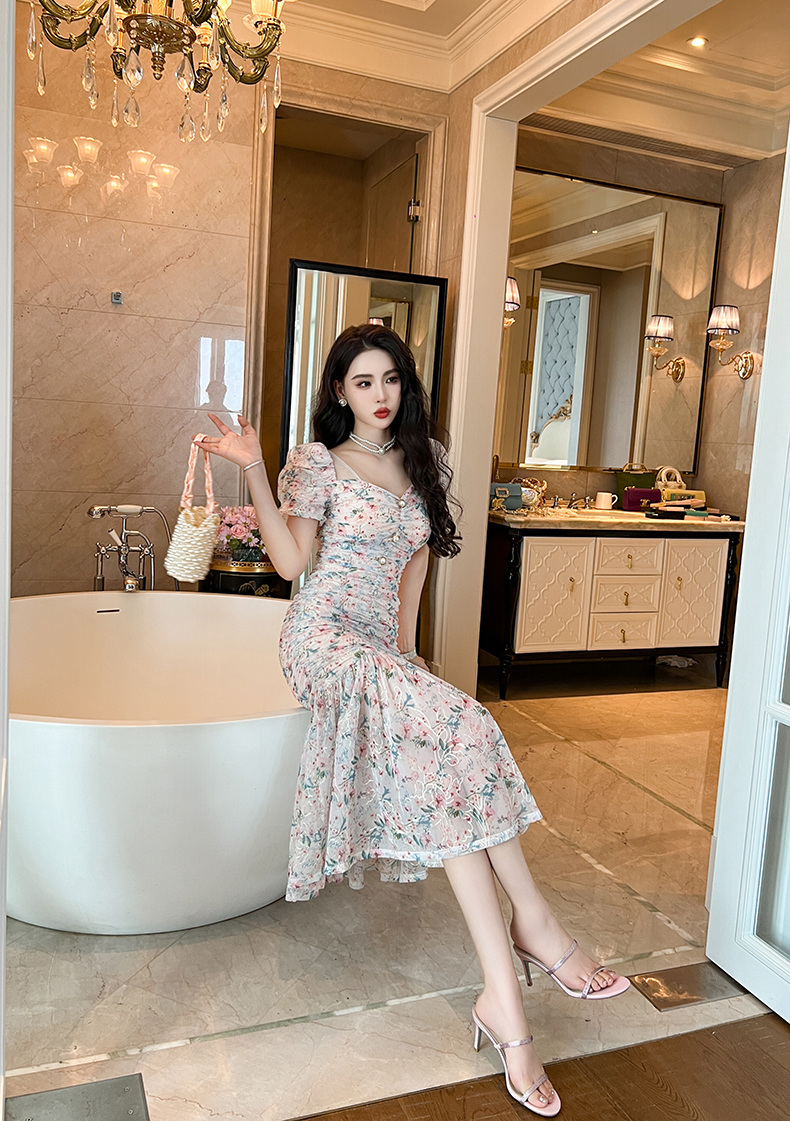 オケージョン ドレス 花柄シャーリングマーメイドドレス