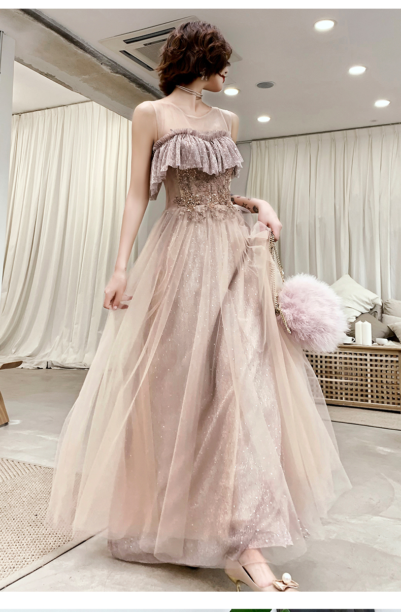 オケージョン ドレス 星屑きらめく胸元フリルチュールロングドレス