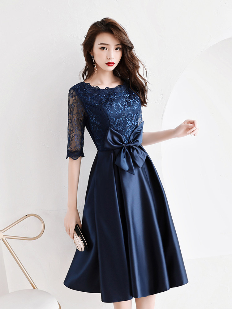 オケージョン ドレス 花柄総レース袖サテン地リボンベルト付きワンピース