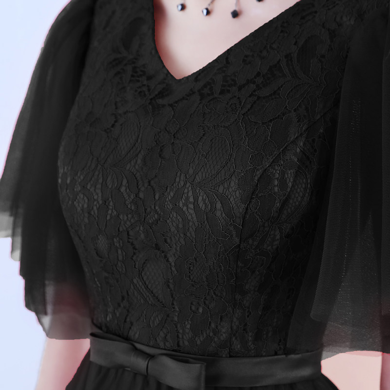 オケージョン ドレス レース切替フレアチュール袖付きロングドレス