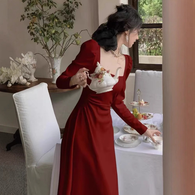 オケージョン ドレス 優美な角襟パフスリーブロングワンピース