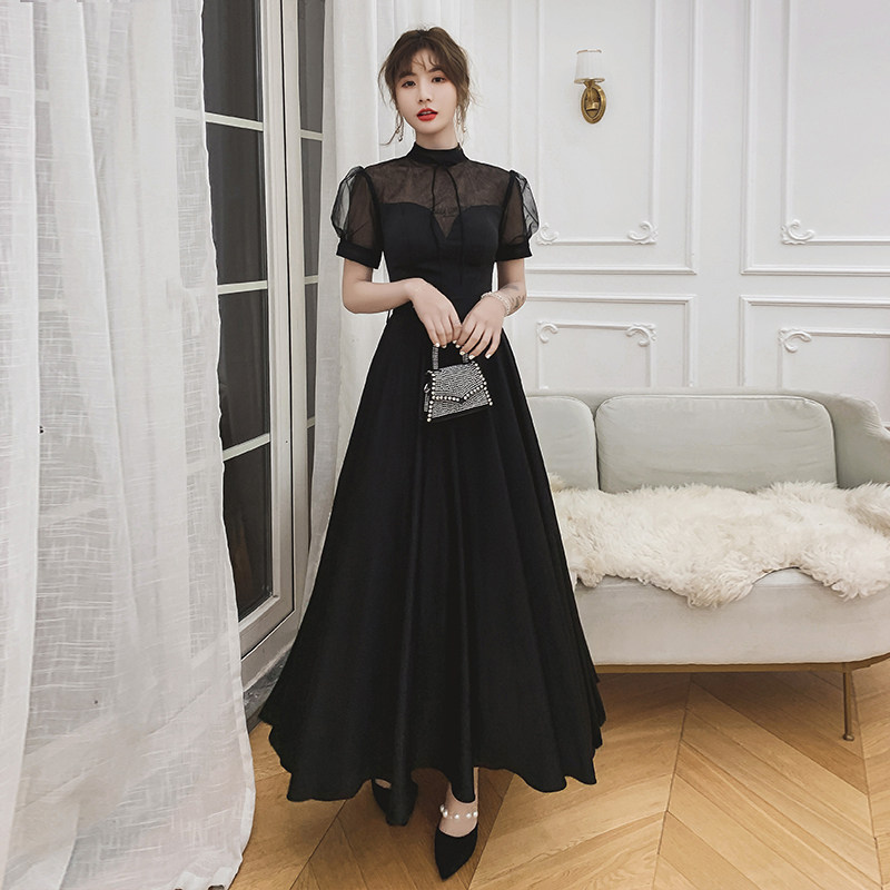 オケージョン ドレス シアー切替ハイネック半袖ロング丈ワンピース