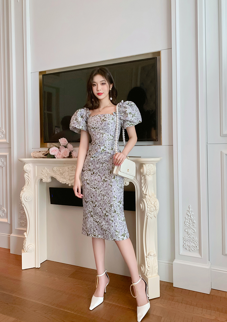 オケージョン ドレス 花柄刺繍パフスリーブオフショルダードレス