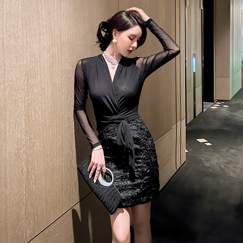 オケージョン ドレス シアースリーブカシュクール花柄刺繍タイトドレス