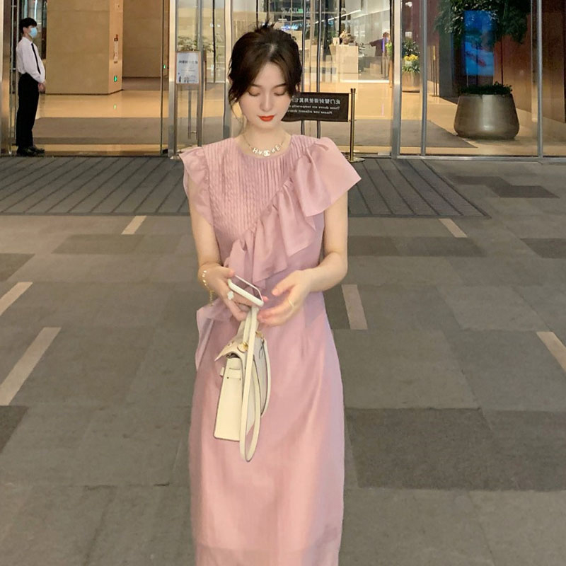 オケージョン ドレス ピンタック切替フリル袖フレアオケージョンワンピース