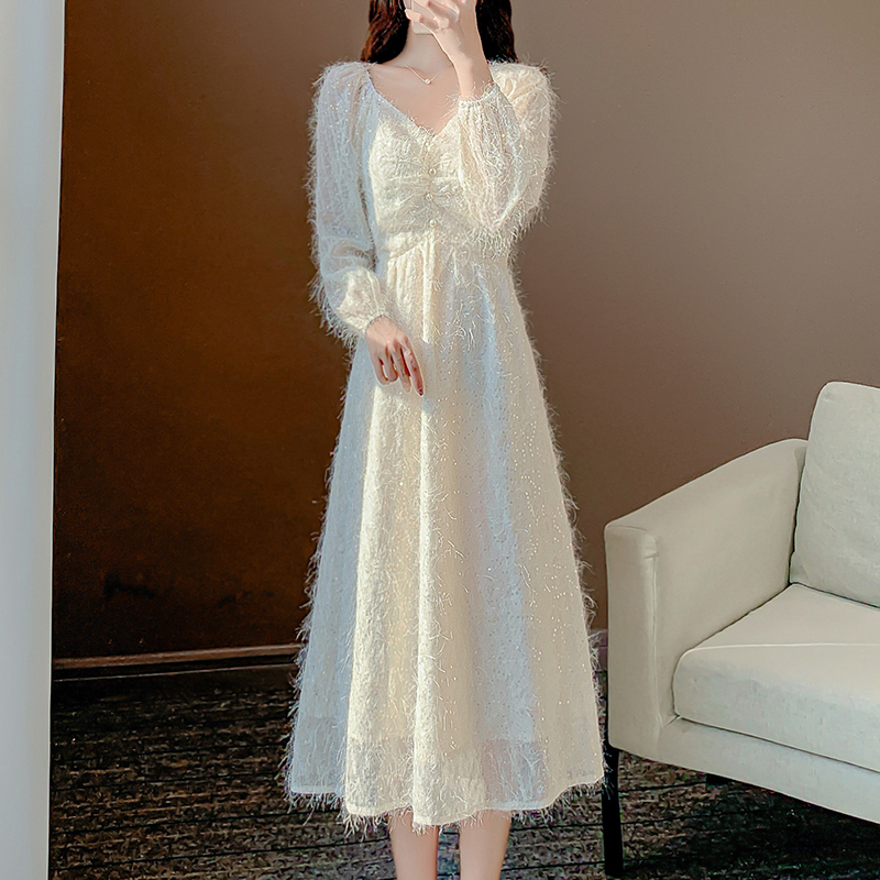 オケージョン ドレス ファー付き長袖ラメ刺繍ロング丈ワンピース