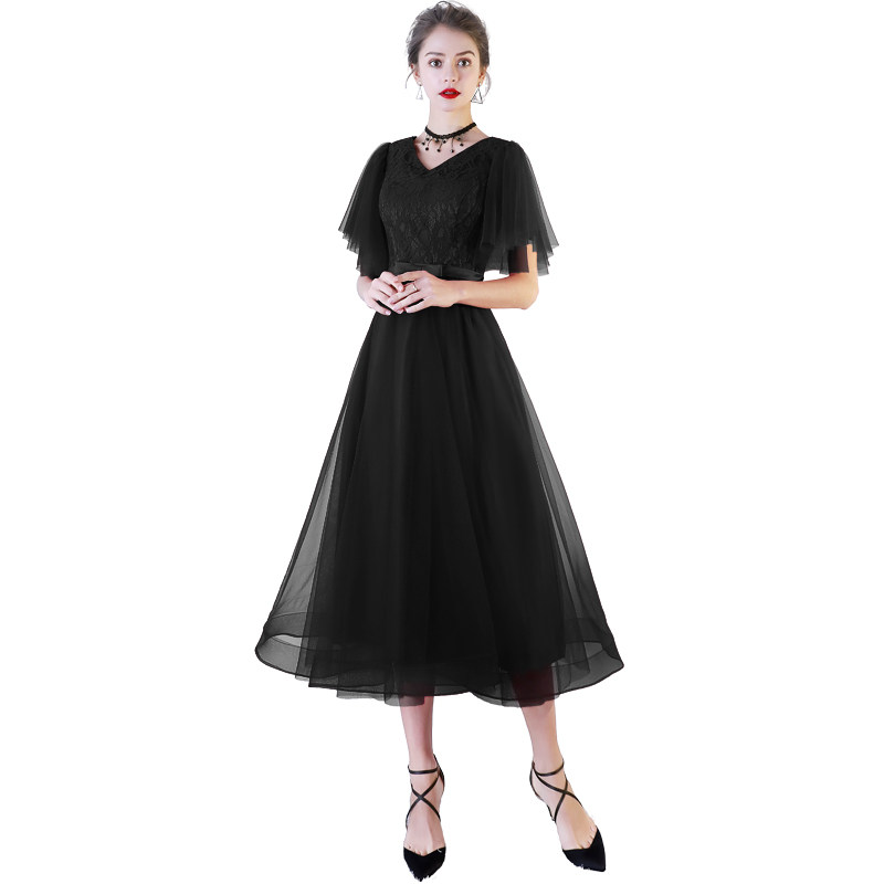 オケージョン ドレス レース切替フレアチュール袖付きロングドレス