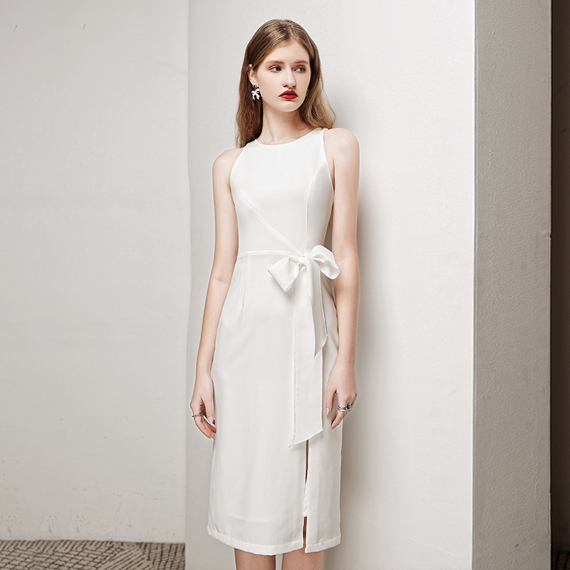 オケージョン ドレス サイドリボンスリット入りノースリーブワンピース