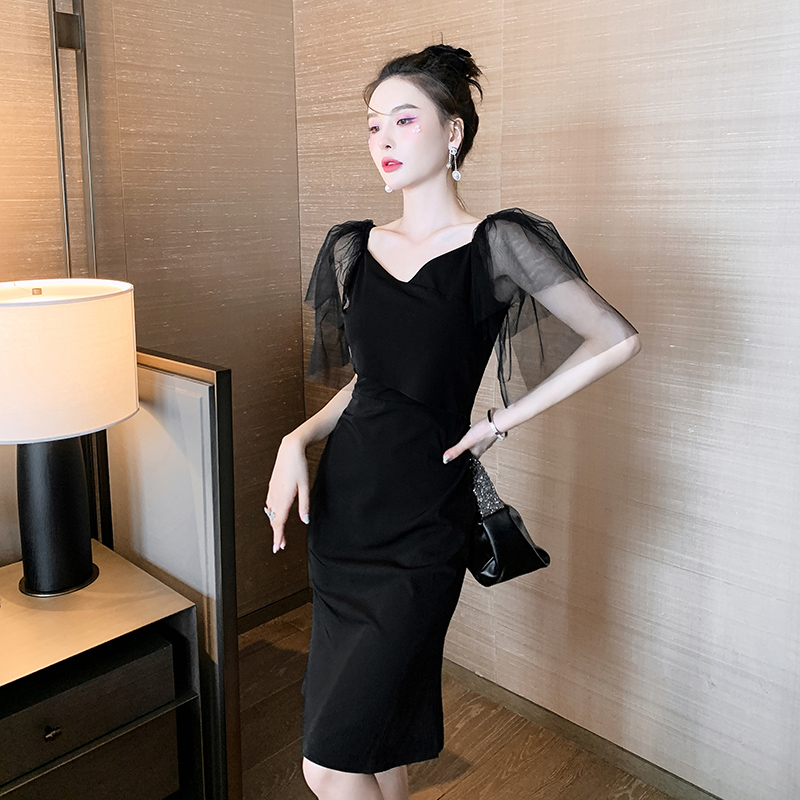 オケージョン ドレス 袖チュールハートネックタイトドレス