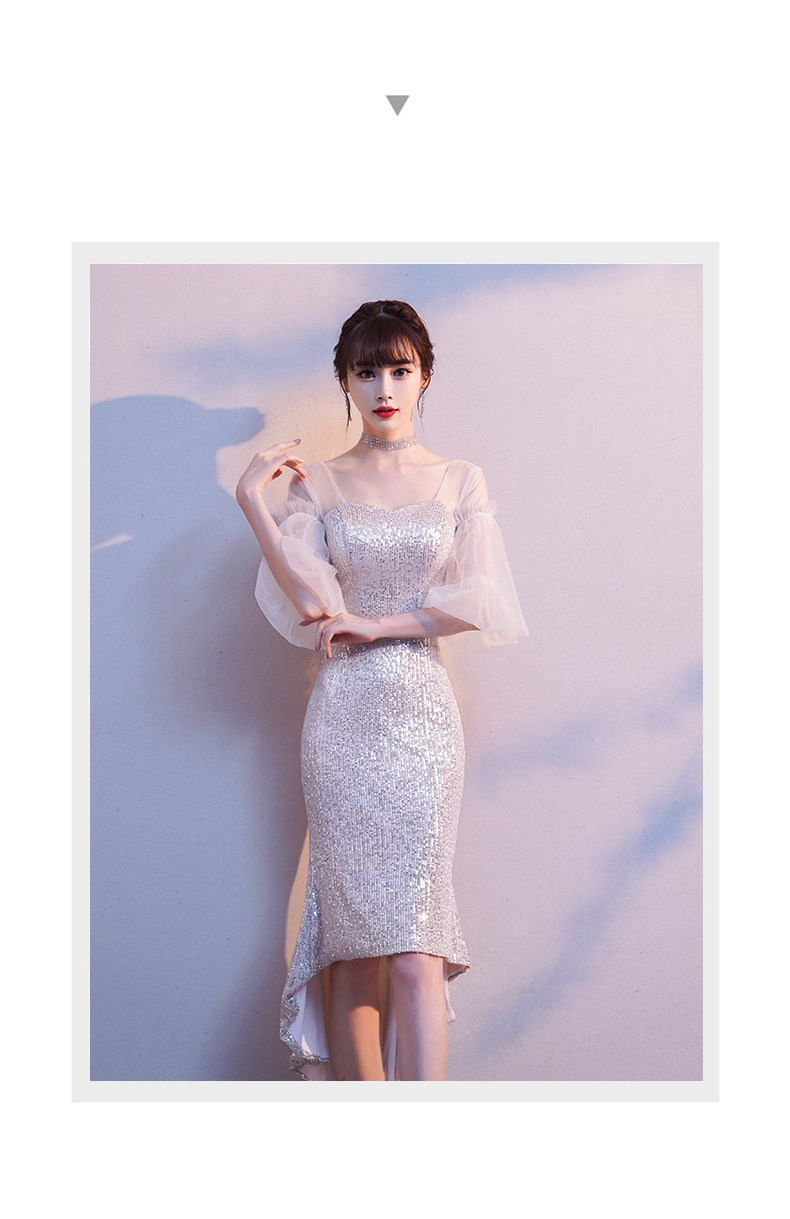 オケージョン ドレス 煌めきスパンコール袖チュール裾非対称マーメイドドレス