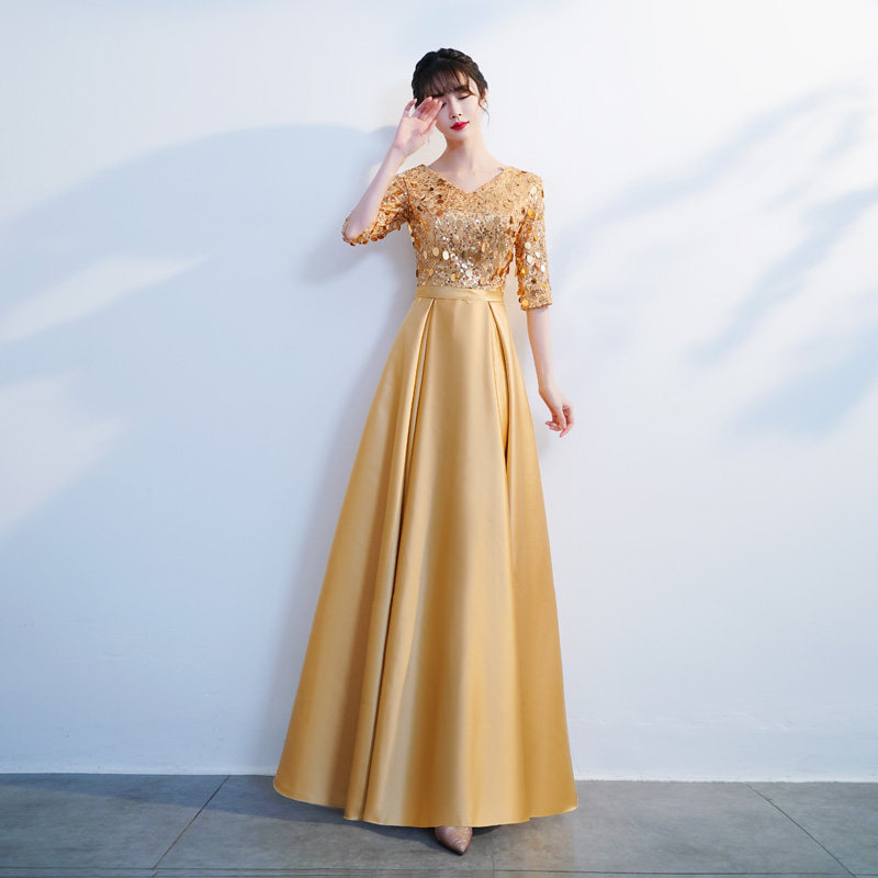 オケージョン ドレス スパンコール刺繍五分袖フレアロング丈ワンピース