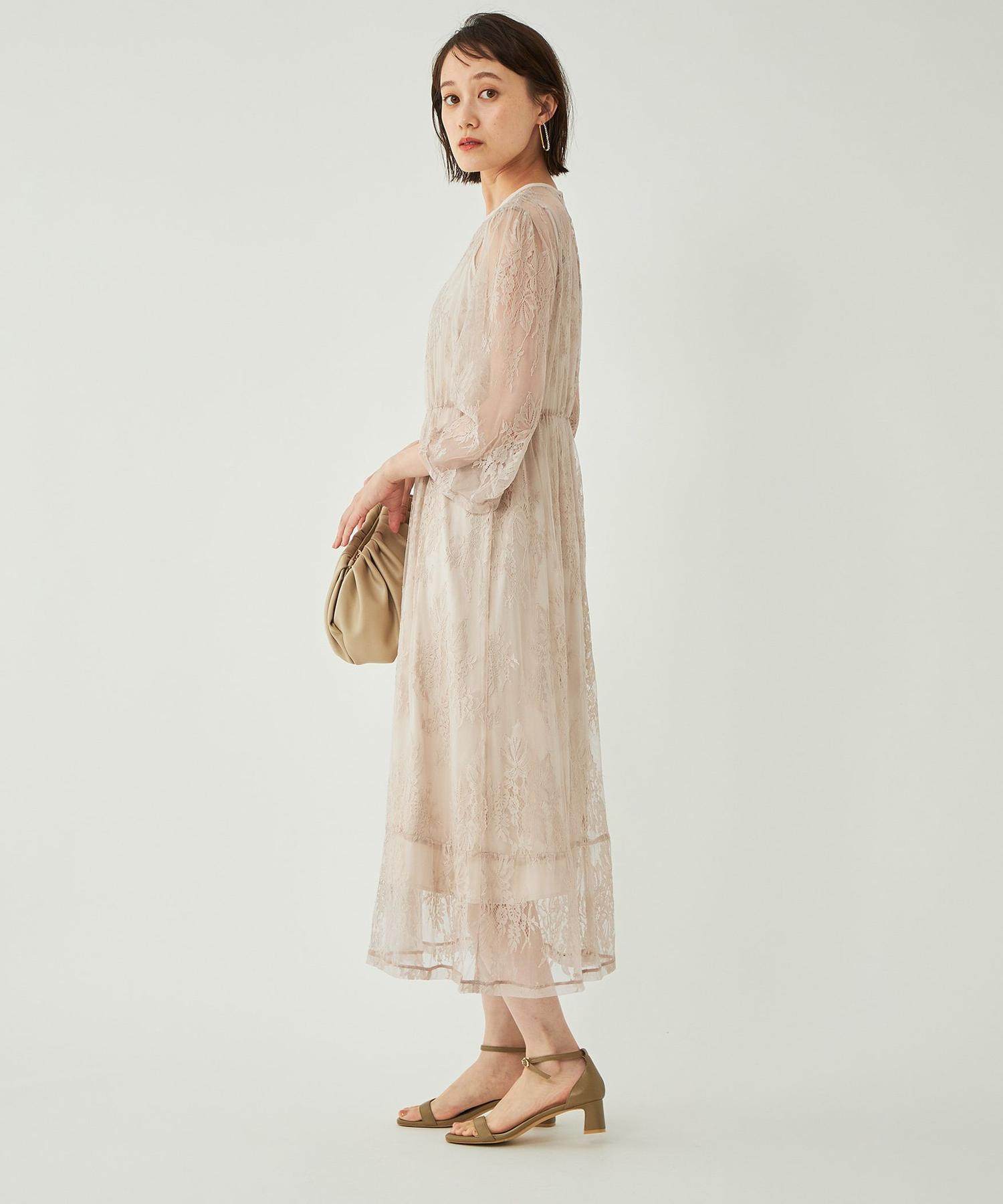 オケージョン ドレス 総レース長袖シアー切替ロング丈ワンピース