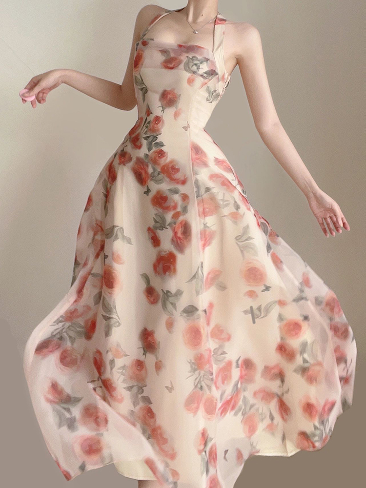 オケージョン ドレス 花柄オーガンジーホルターネックロング丈ワンピース