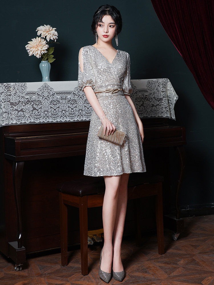 オケージョン ドレス スパンコール五分袖オケージョンドレス