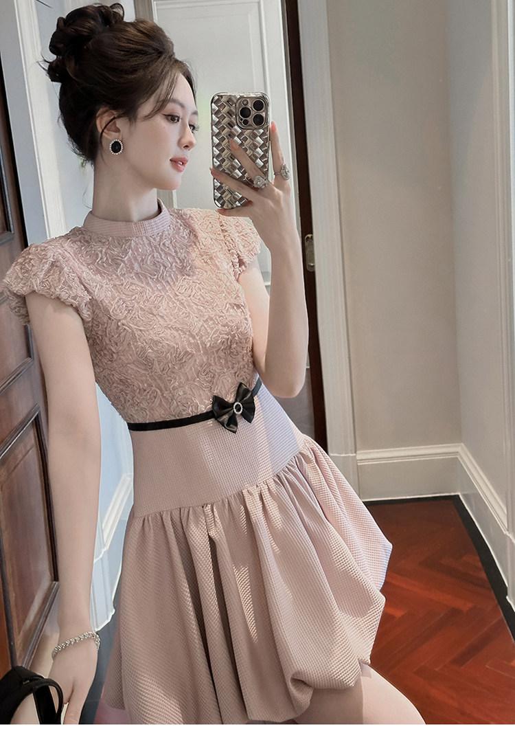 オケージョン ドレス フラワーレース切替バルーンスカートワンピース