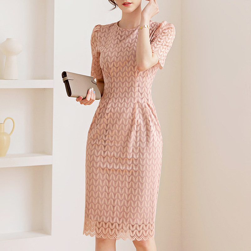 オケージョン ドレス 総レース幾何学模様パフスリーブタイトドレス