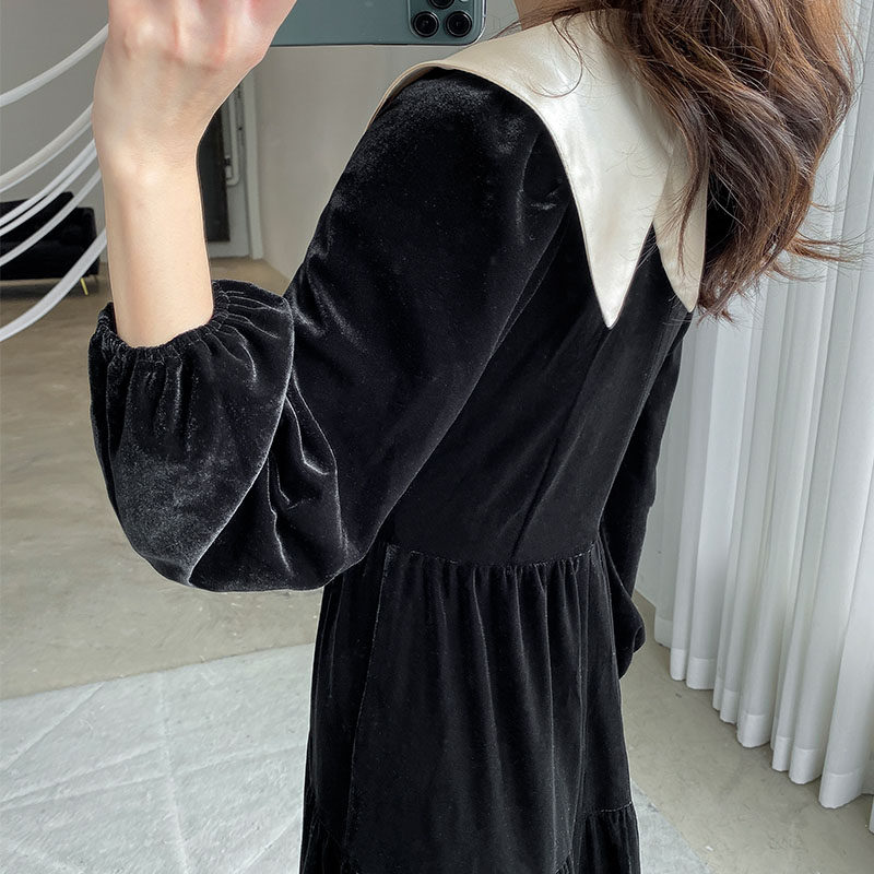 オケージョン ドレス 配色ビッグカラー付きベロアティアードロングドレス