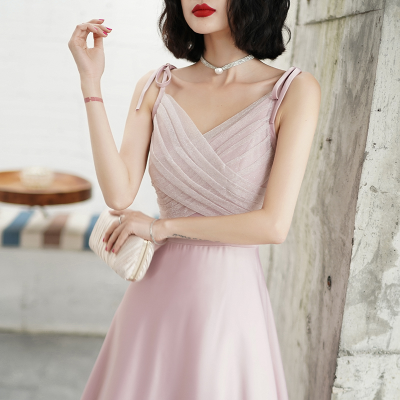 オケージョン ドレス 胸元クロスチュール切替リボン肩紐ロング丈ドレス