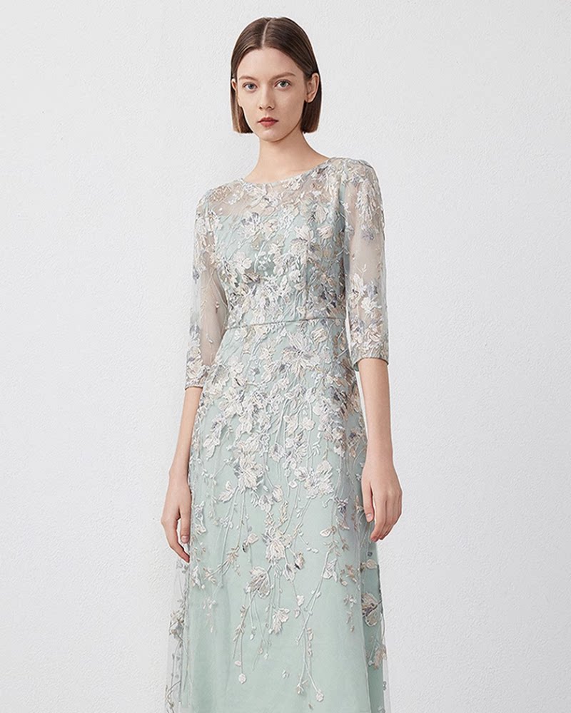 オケージョン ドレス 花刺繍チュール七分袖上品ミモレ丈ワンピース