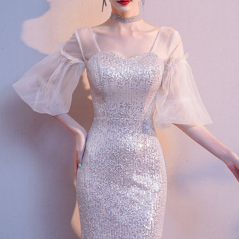 オケージョン ドレス 煌めきスパンコール袖チュール裾非対称マーメイドドレス