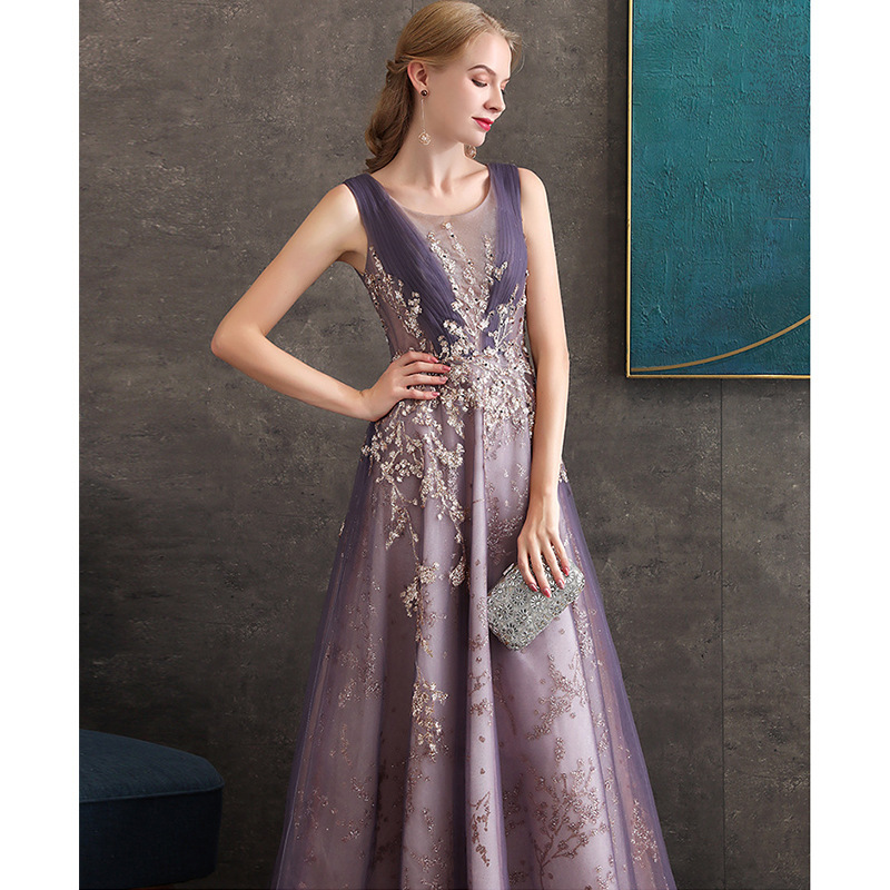 オケージョン ドレス 煌めく花刺繍チュール袖なしロング丈ドレス